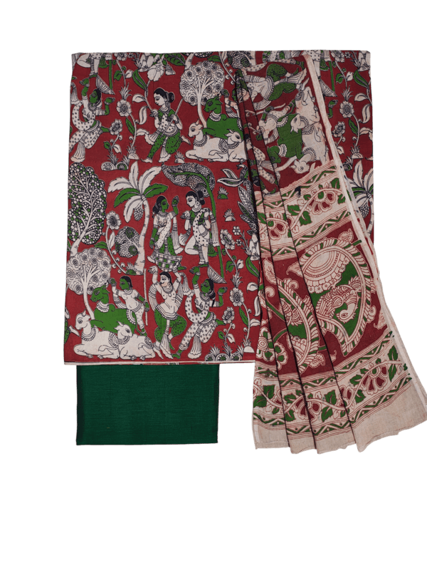 Green & Red Pure Cotton Kalamkari Hand Block Print Dress Materials