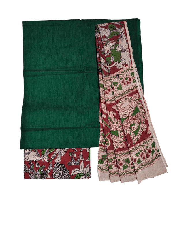 Green & Red Pure Cotton Kalamkari Hand Block Print Dress Materials