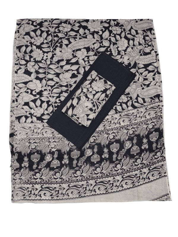 Black Pure Cotton Kalamkari Hand Block Print Unstitched Suit Set