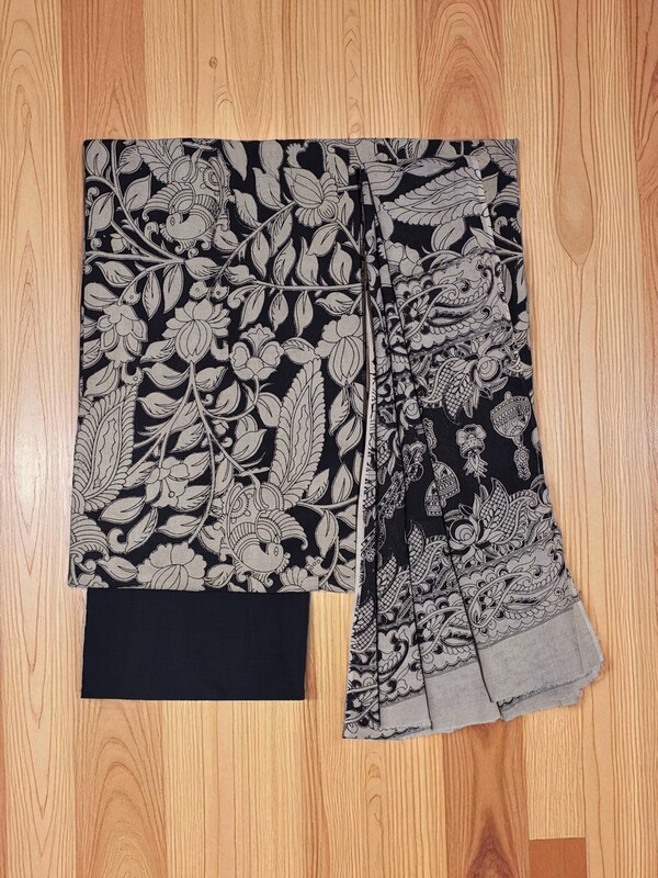 Black Pure Cotton Kalamkari Hand Block Print Unstitched Suit Set