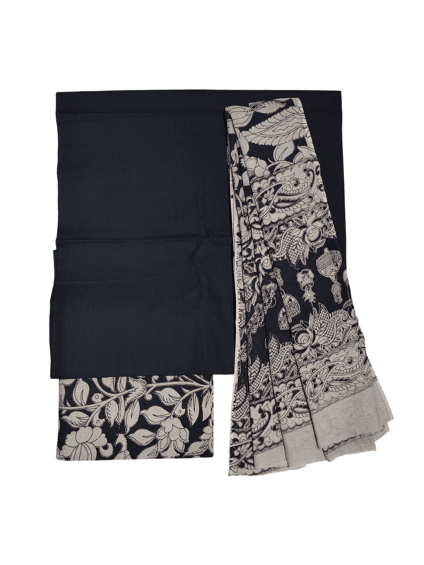 Black Pure Cotton Kalamkari Hand Block Print Unstitched Suit Set