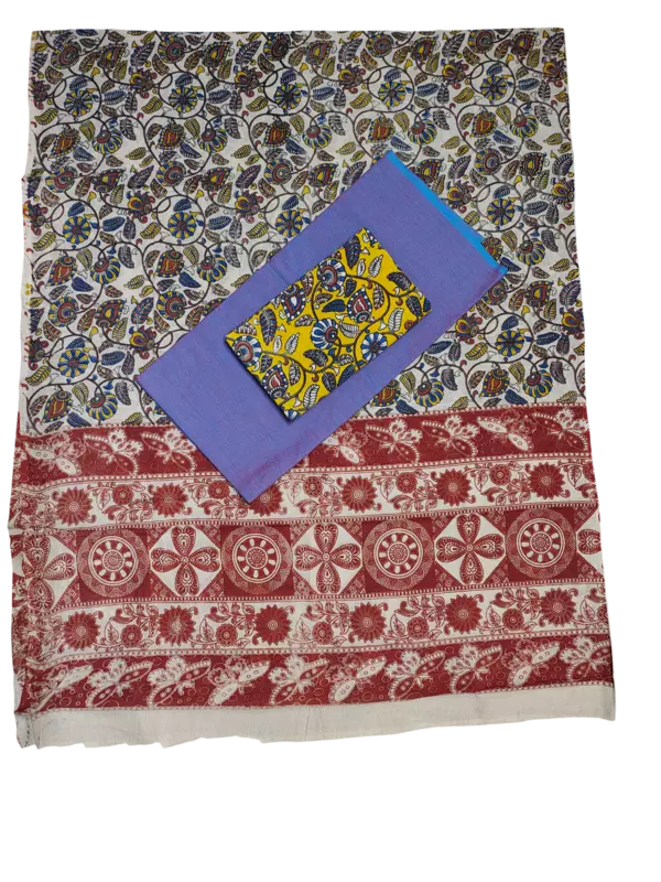 Mustard Pure Cotton Kalamkari Hand Block Print Unstitched Salwar Suit Set