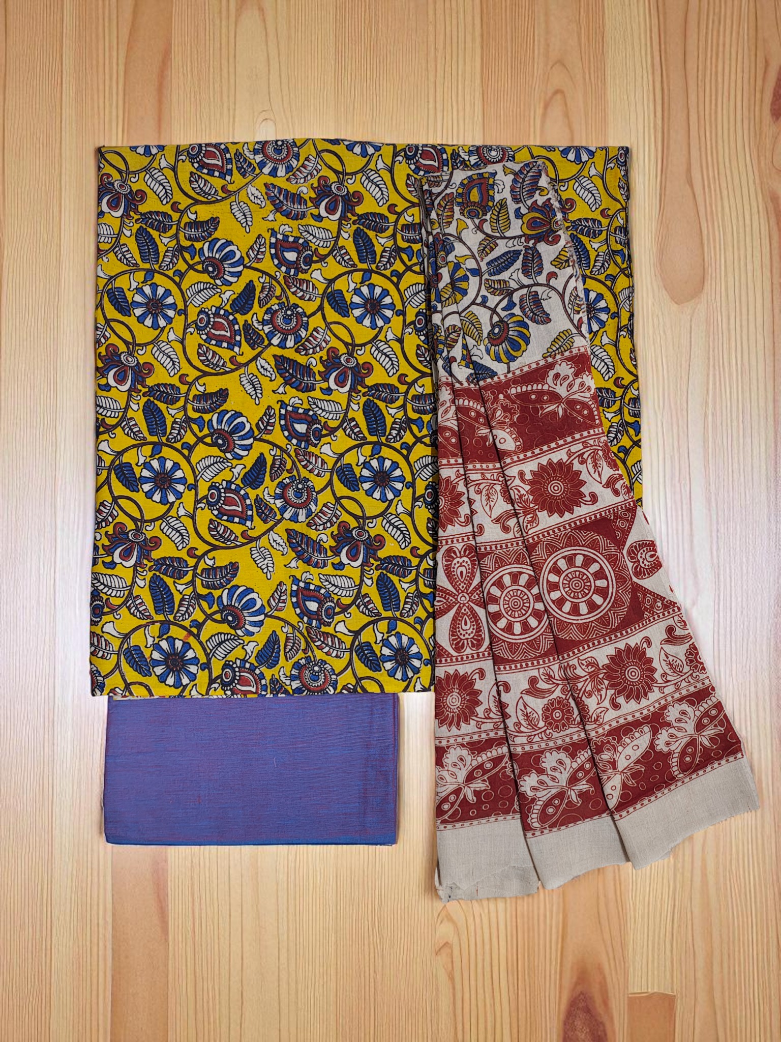 Mustard Pure Cotton Kalamkari Hand Block Print Unstitched Salwar Suit Set