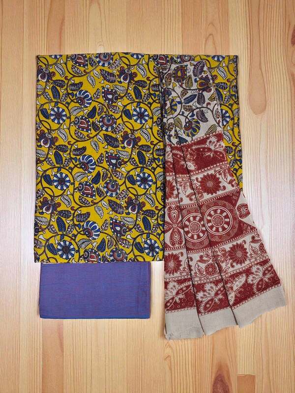 Mustard Pure Cotton Kalamkari Hand Block Print Unstitched Salwar Suit Set