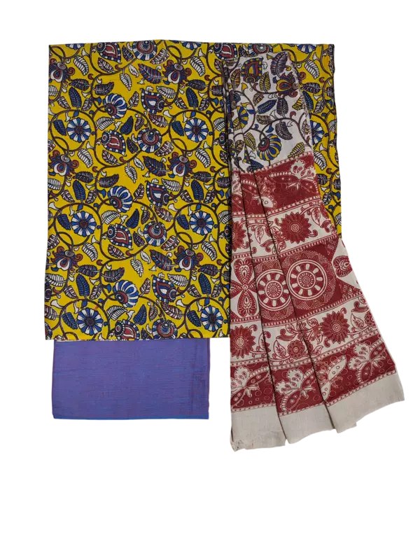 Mustard Pure Cotton Kalamkari Hand Block Print Unstitched Salwar Suit Set