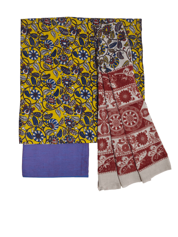 Mustard Pure Cotton Kalamkari Hand Block Print Unstitched Salwar Suit Set
