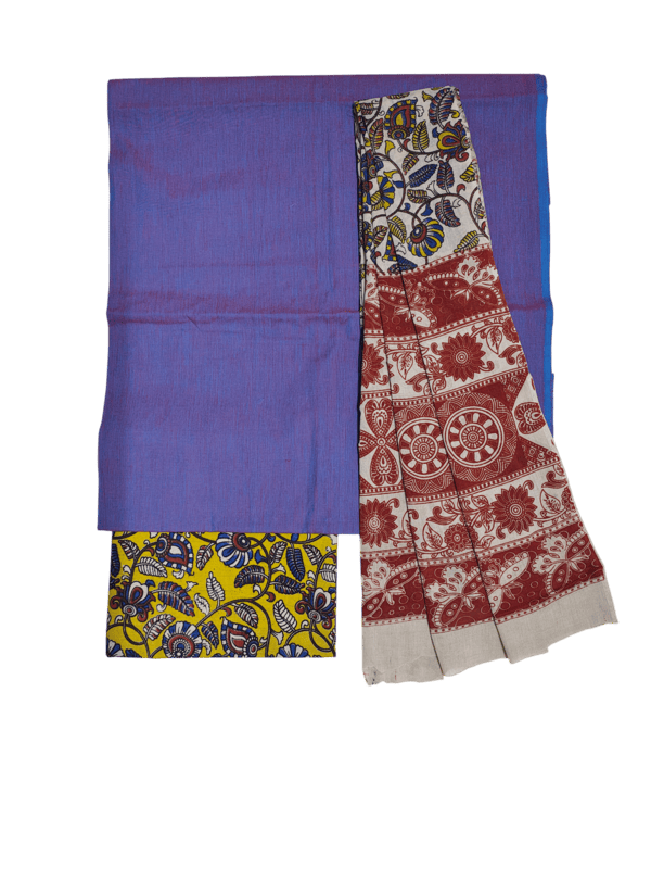 Mustard Pure Cotton Kalamkari Hand Block Print Unstitched Salwar Suit Set