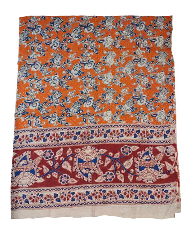 Orange Pure Cotton Kalamkari Hand Block Print Unstitched Suit Set