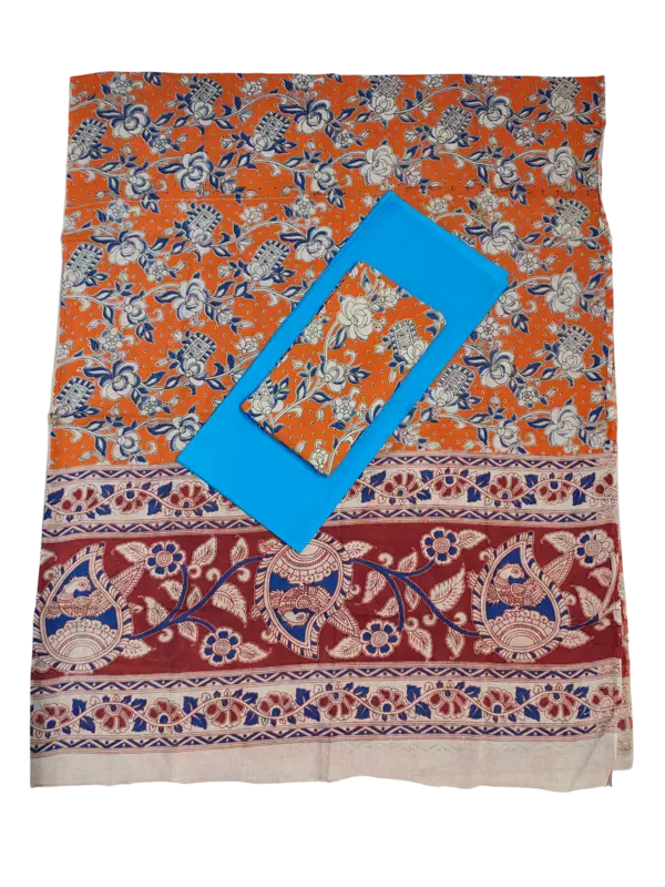 Orange Pure Cotton Kalamkari Hand Block Print Unstitched Suit Set