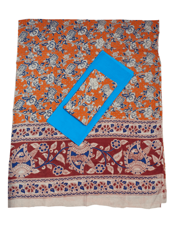 Orange Pure Cotton Kalamkari Hand Block Print Unstitched Suit Set