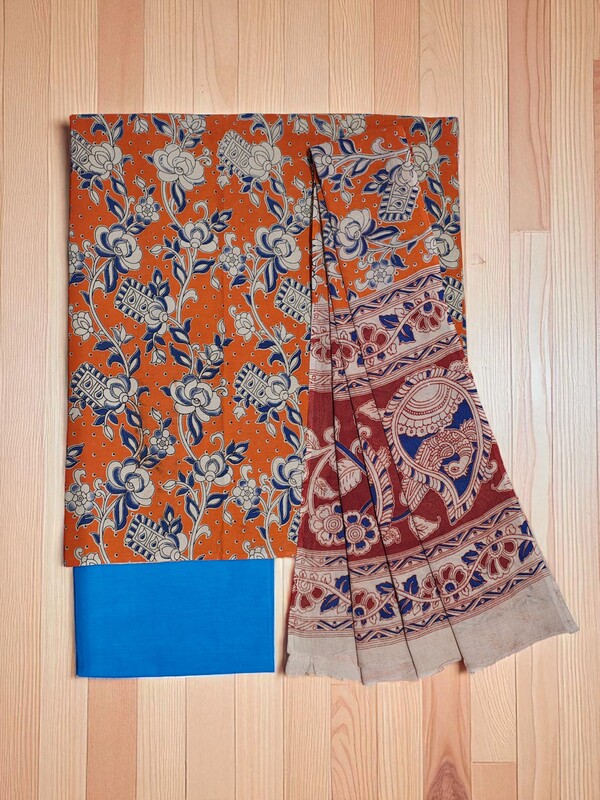 Orange Pure Cotton Kalamkari Hand Block Print Unstitched Suit Set