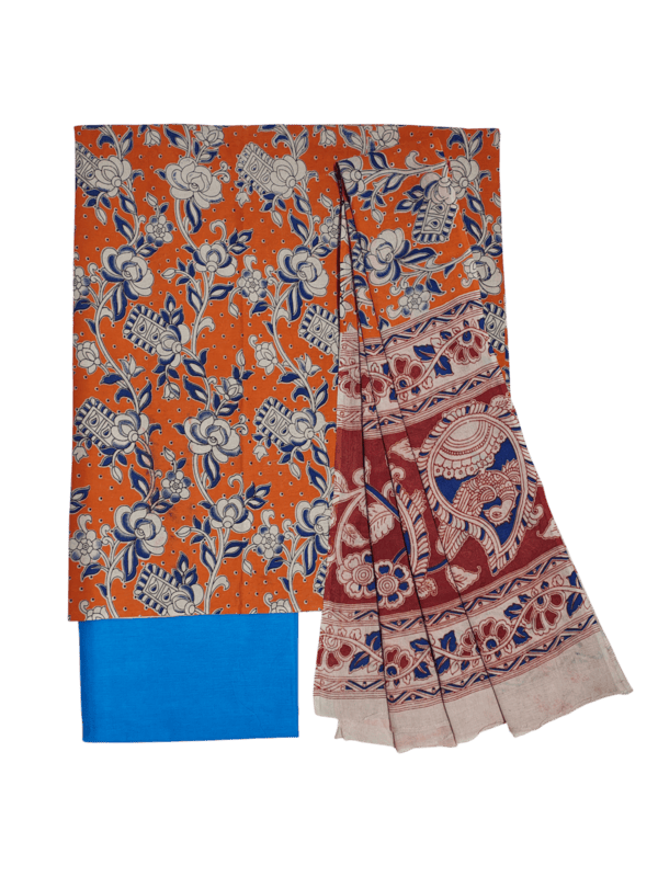 Orange Pure Cotton Kalamkari Hand Block Print Unstitched Suit Set