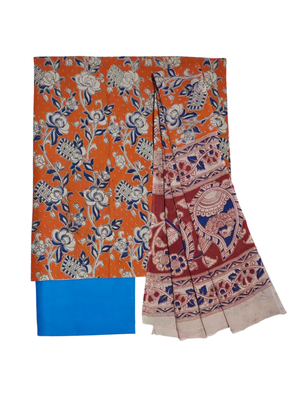Orange Pure Cotton Kalamkari Hand Block Print Unstitched Suit Set