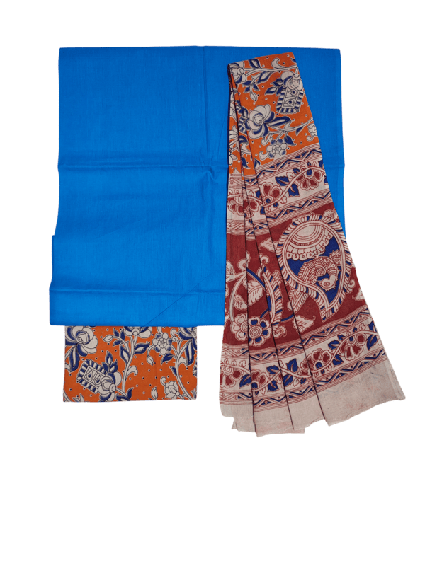 Orange Pure Cotton Kalamkari Hand Block Print Unstitched Suit Set