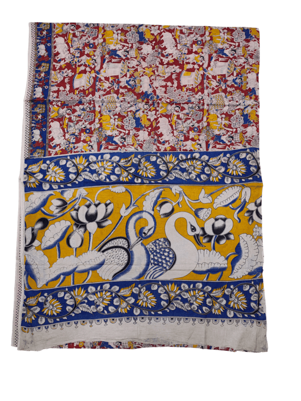 Red & Blue Kalamkari Cotton Saree with Blouse Piece