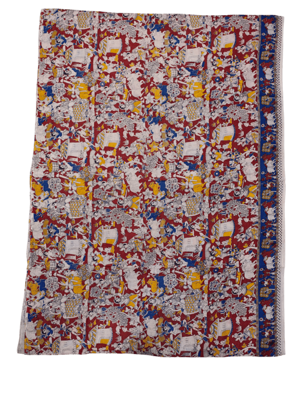 Red & Blue Kalamkari Cotton Saree with Blouse Piece