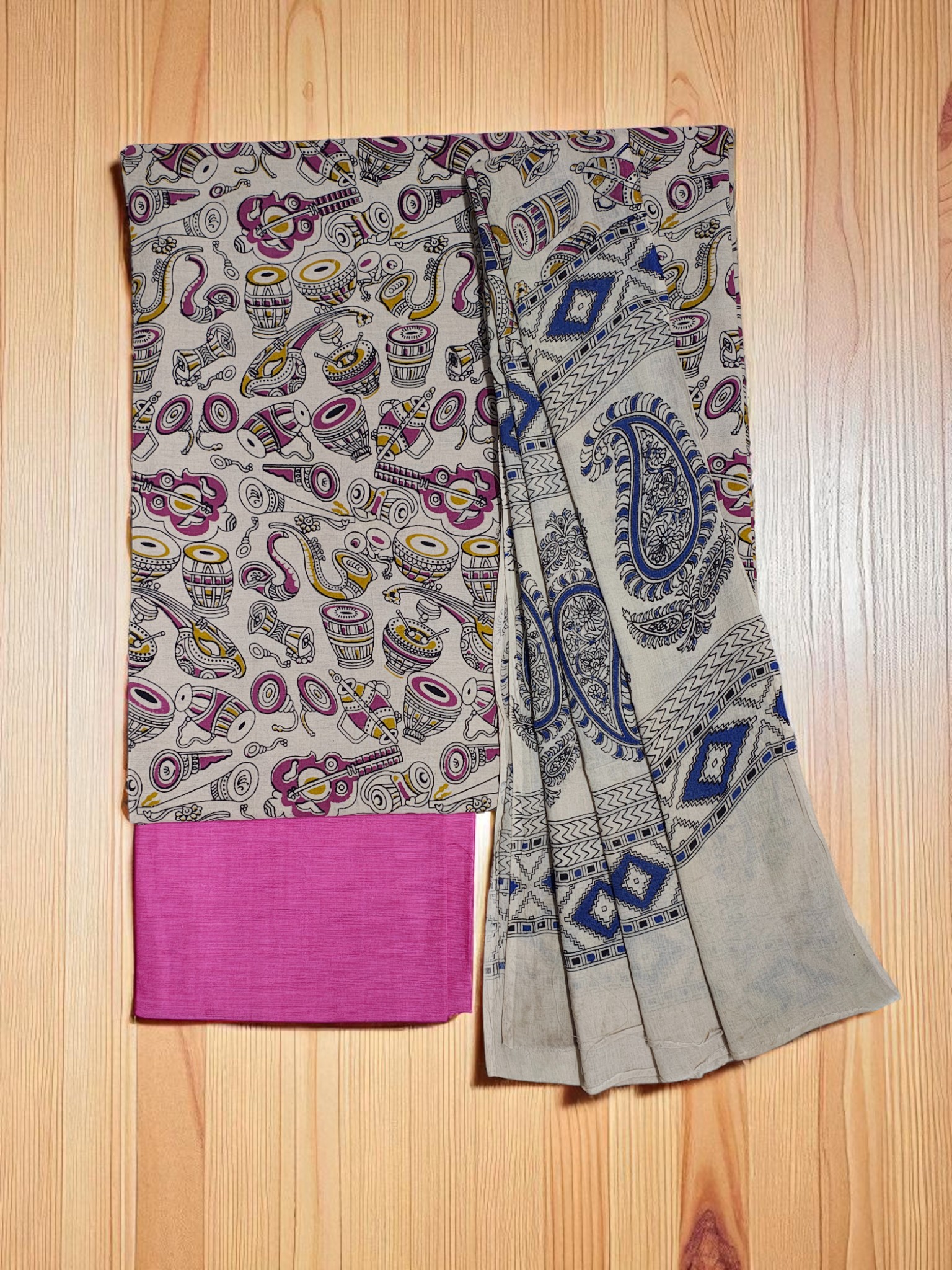 Pink Pure Cotton Kalamkari Hand Block Print Dress Materials