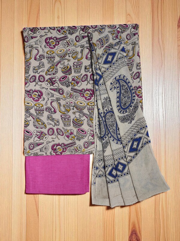Pink Pure Cotton Kalamkari Hand Block Print Dress Materials
