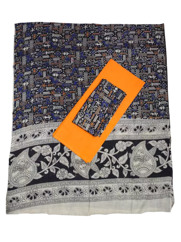 Black & Orange Pure Cotton Kalamkari Hand Block Print Unstitched Suit Set