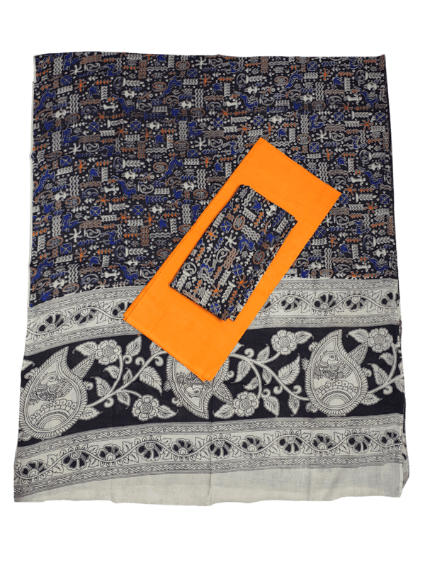 Black & Orange Pure Cotton Kalamkari Hand Block Print Unstitched Suit Set