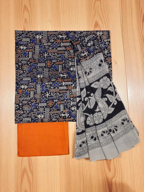 Black & Orange Pure Cotton Kalamkari Hand Block Print Unstitched Suit Set