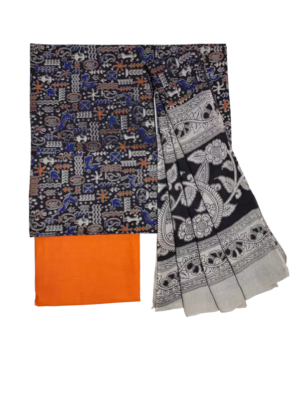 Black & Orange Pure Cotton Kalamkari Hand Block Print Unstitched Suit Set