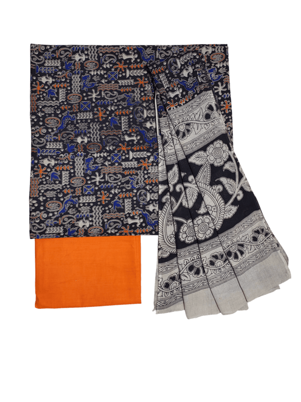 Black & Orange Pure Cotton Kalamkari Hand Block Print Unstitched Suit Set