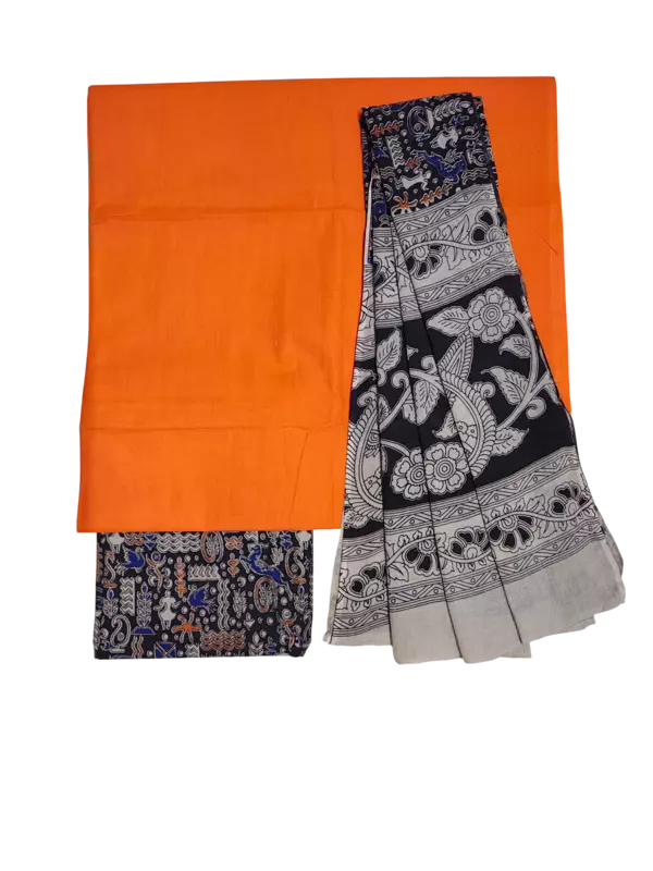 Black & Orange Pure Cotton Kalamkari Hand Block Print Unstitched Suit Set