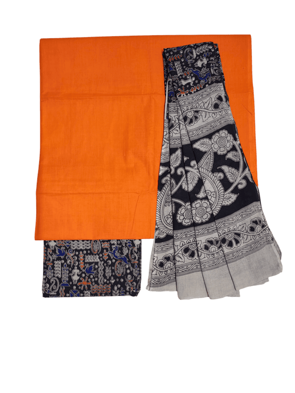 Black & Orange Pure Cotton Kalamkari Hand Block Print Unstitched Suit Set