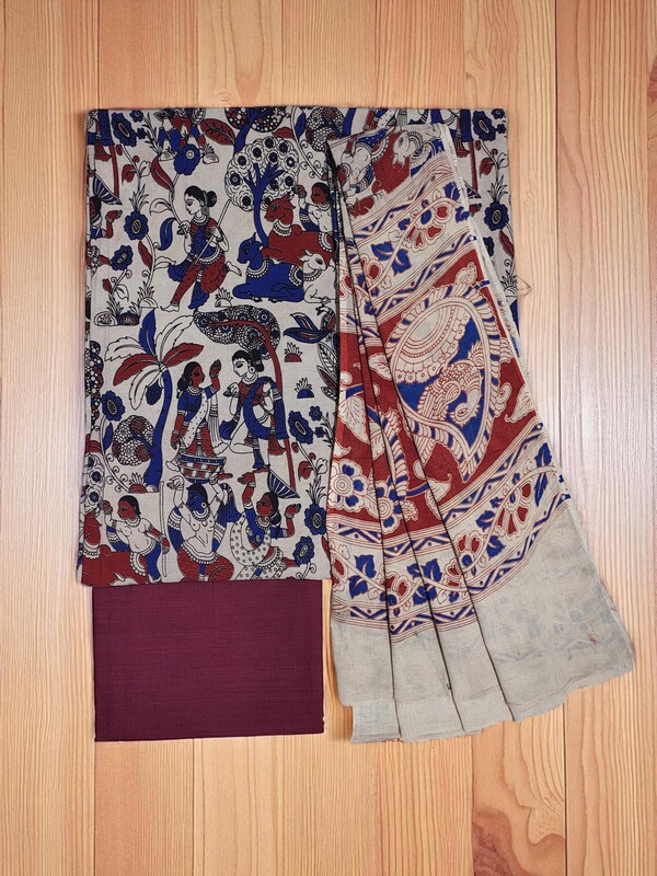 Maroon Pure Cotton Kalamkari Hand Block Print Unstitched Salwar Suit Set