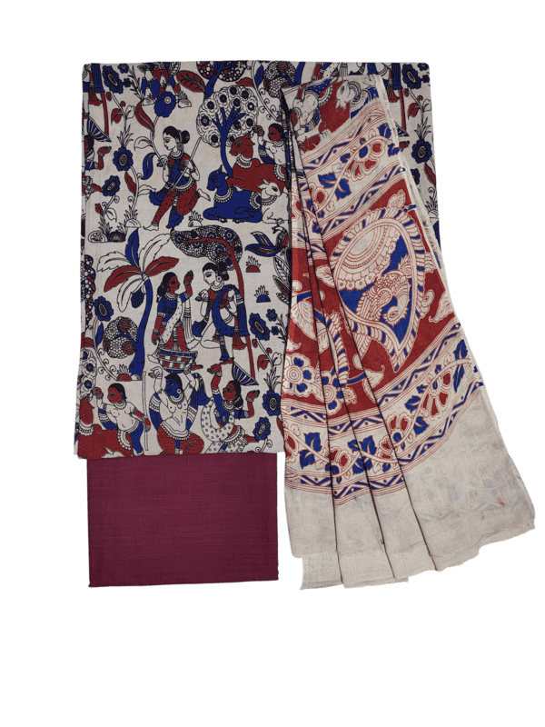 Maroon Pure Cotton Kalamkari Hand Block Print Unstitched Salwar Suit Set
