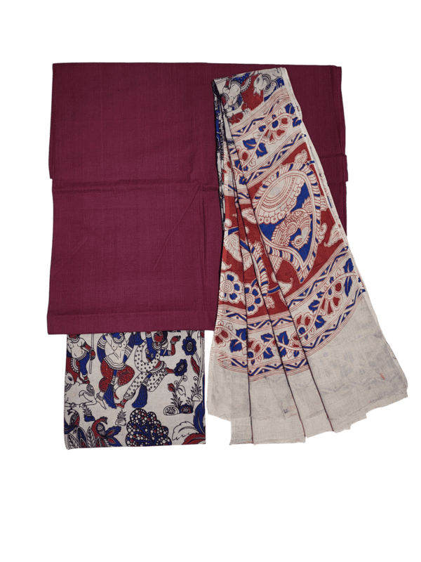 Maroon Pure Cotton Kalamkari Hand Block Print Unstitched Salwar Suit Set
