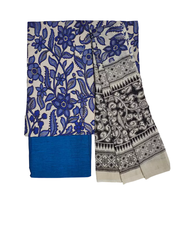 Indigo Pure Cotton Kalamkari Hand Block Print Unstitched Salwar Suit Set
