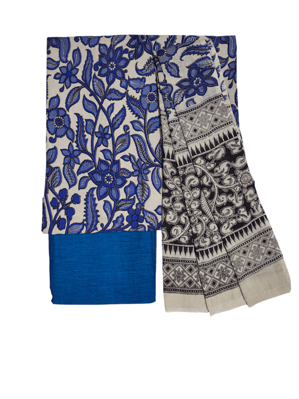 Indigo Pure Cotton Kalamkari Hand Block Print Unstitched Salwar Suit Set