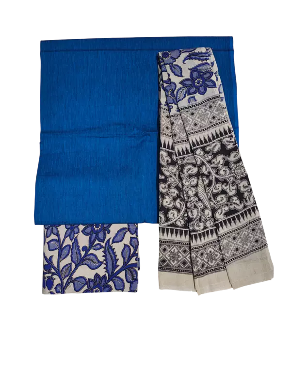 Indigo Pure Cotton Kalamkari Hand Block Print Unstitched Salwar Suit Set