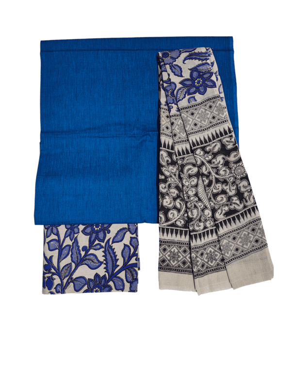 Indigo Pure Cotton Kalamkari Hand Block Print Unstitched Salwar Suit Set