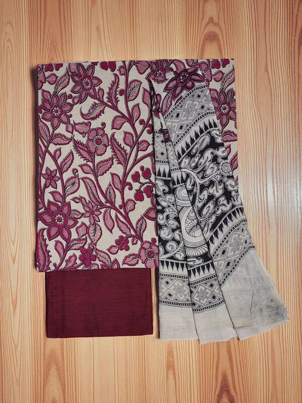 Maroon Pure Cotton Kalamkari Hand Block Print Dress Materials