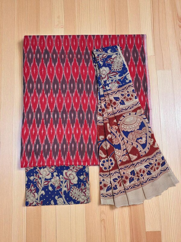 Red & Purple Kalamkari Unstitched Salwar Suit Set with Dupatta