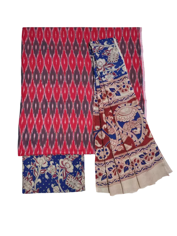 Red & Purple Kalamkari Unstitched Salwar Suit Set with Dupatta