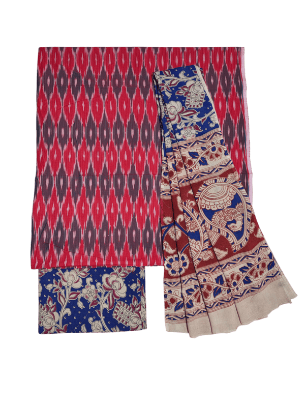 Red & Purple Kalamkari Unstitched Salwar Suit Set with Dupatta
