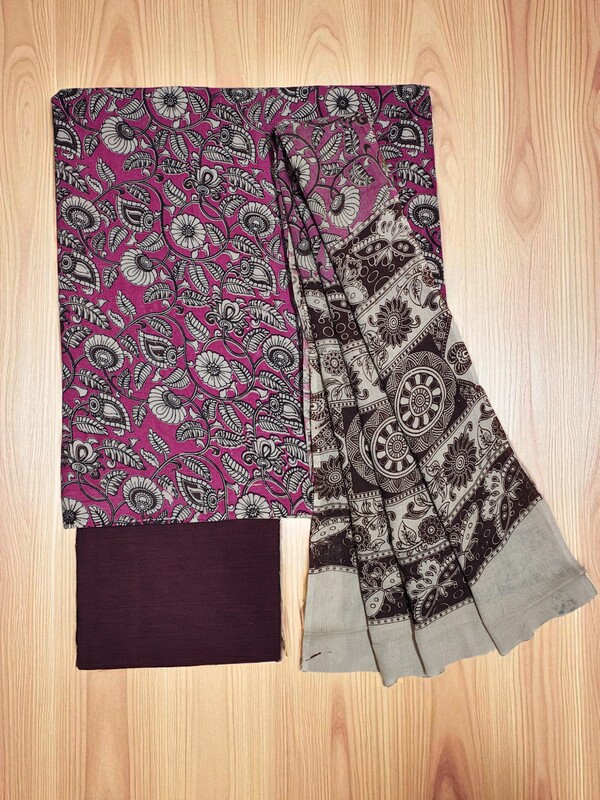 Deep Pink Pure Cotton Kalamkari Hand Block Print Dress Materials