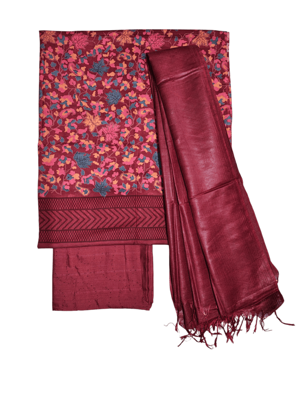Maroon Ajrakh Block Print Silk Dress Material with Dupatta
