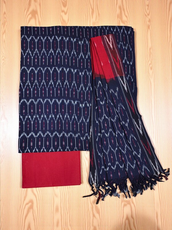 NavyBlue & Red Ikkat Cotton Unstitched Salwar Suit with Dupatta