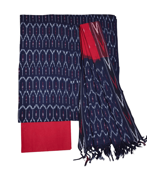 NavyBlue & Red Ikkat Cotton Unstitched Salwar Suit with Dupatta