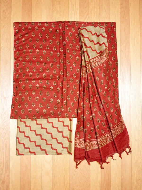 Orange Ajrakh Hand Block Print Silk Unstitched Salwar Suit Set