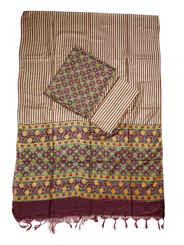 Wine Ajrakh Print Unstitched Suit Set with Linen Dupatta for Women