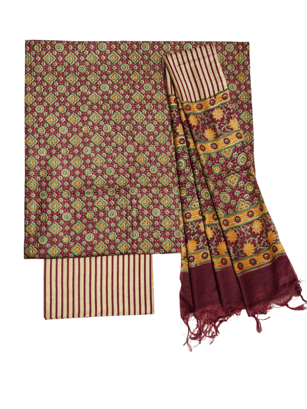 Wine Ajrakh Print Unstitched Suit Set with Linen Dupatta for Women