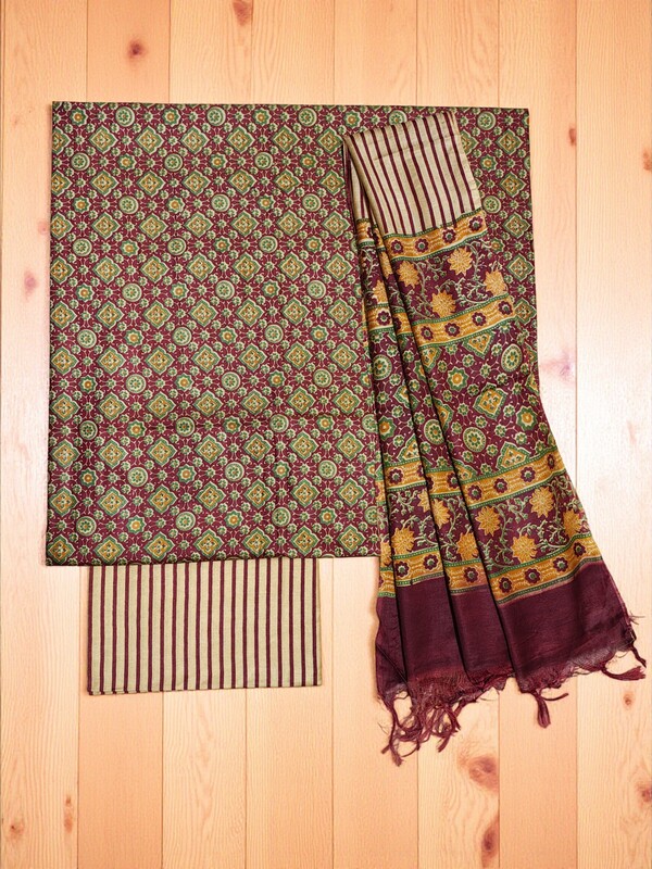 Wine Ajrakh Print Unstitched Suit Set with Linen Dupatta for Women