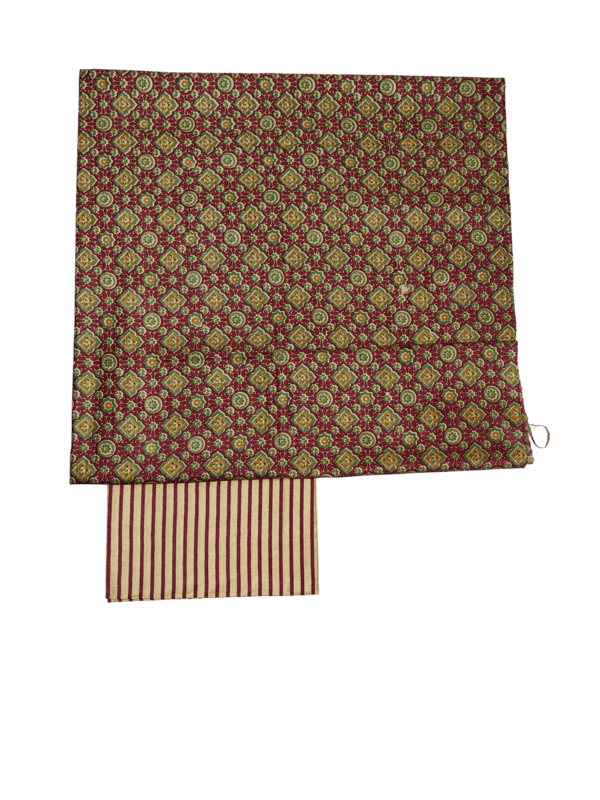 Wine Ajrakh Print Unstitched Suit Set with Linen Dupatta for Women