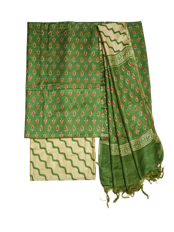 Green Hand Block Print Silk Unstitched Salwar Suit Set